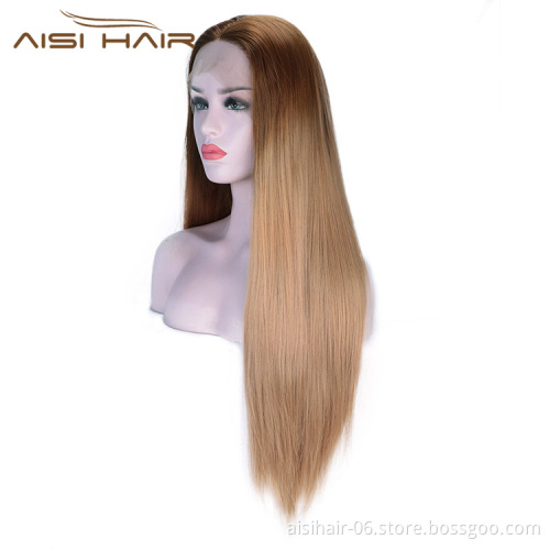 Aisi Hair Ombre Brown Lace Front Long Straight Wig High Temperature Fiber Synthetic Silk Straight Lace Front Long Wigs for Women